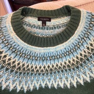 Talbots fair isle women’s Sweater in Green and Light Blue